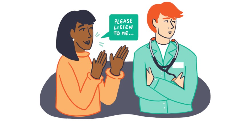 A cartoon graphic of a women speaking to a man which a speech bubble that says: 'Please listen to me'.